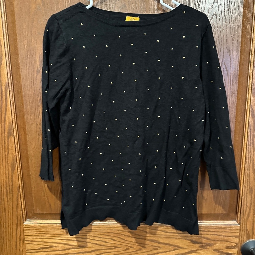 Ruby‎ Rd Petite Black Long Sleeve Sweater Gold Stud Accents Boat Neck
